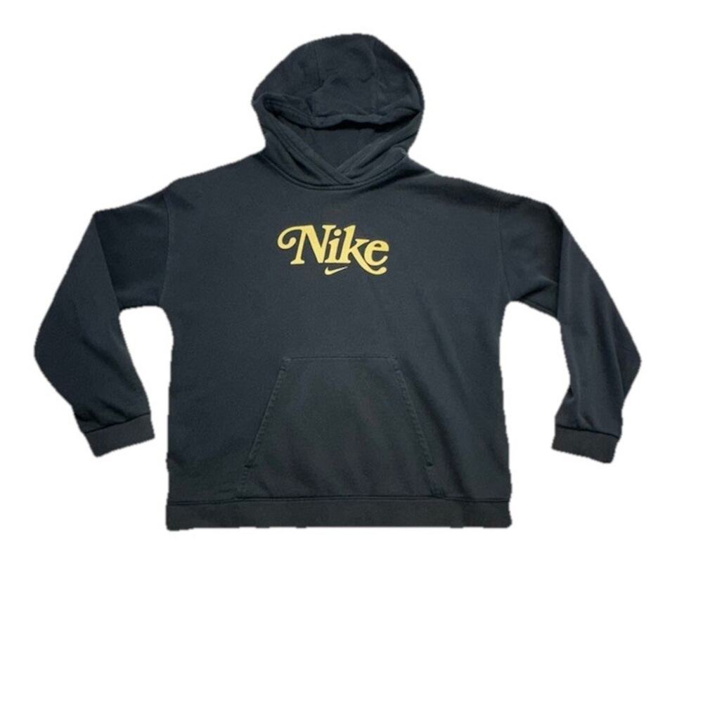 Nike Black Gold Swoosh Pull Over Sweatshirt Pocket Hoodie Youth unisex XL